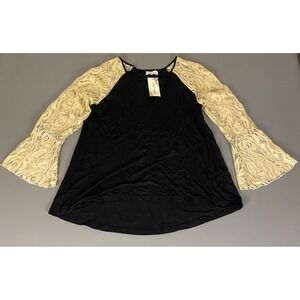Lady's World Tunic‎ Blouse Women's Medium Black Beige Top Lace Bell Sleeve NWT